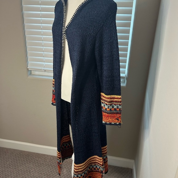Navy Hooded Sweater with Tribal Accents - Picture 2 of 5